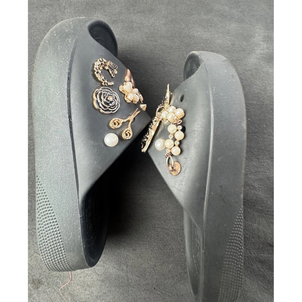 Crocs Classic Slides Black Custom Jeweled Charms Leopard Bee Pearls Sandals 8 - Picture 11 of 12